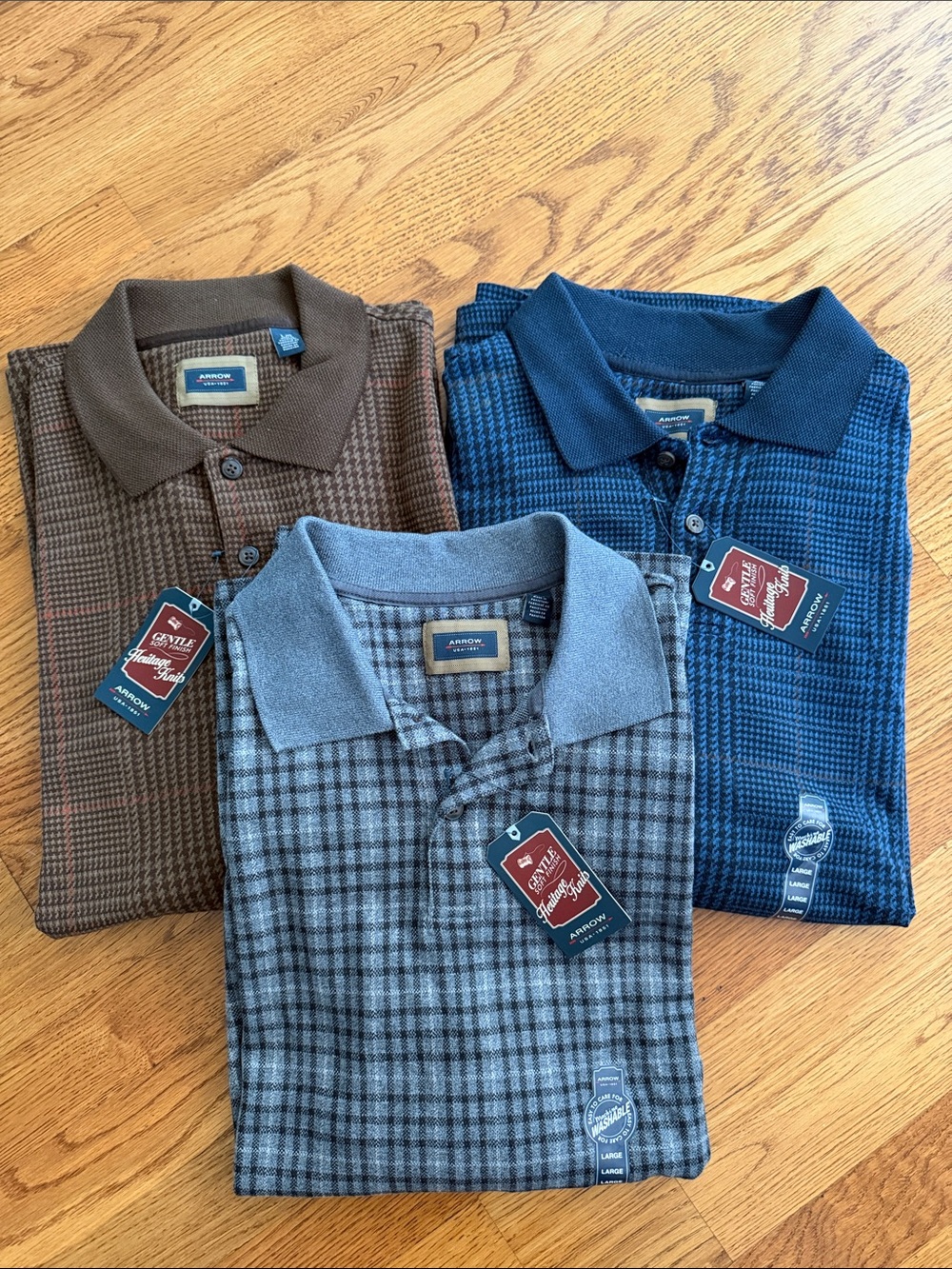 Arrow Men's Plaid Knit Polo Bundle, 3 shirts Large long sleeved